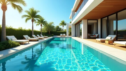 Private swimming pool near luxury villa. Sunny summer vacation.