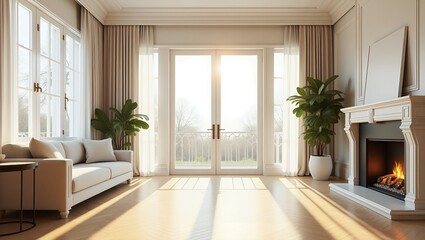 Fototapeta premium Morning in luxurious light interior in hotel. Bright and clean interior design of a luxury living room with parquet wood floors, fireplace, sofa and houseplant. Stucco on.