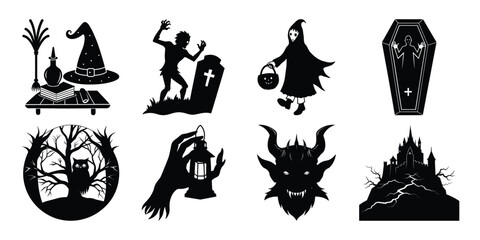 Naklejka premium Halloween Silhouette Vector Set – Zombie, Witch Hat, Haunted Castle, Demon Face, Owl & More