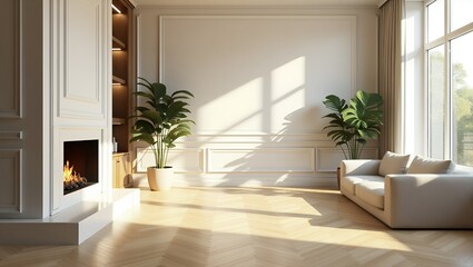 Morning in luxurious light interior in hotel. Bright and clean interior design of a luxury living room with parquet wood floors, fireplace, sofa and houseplant. Stucco on.