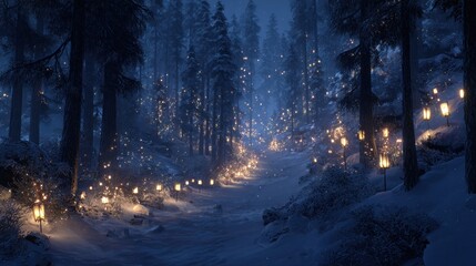Snowy forest path at night