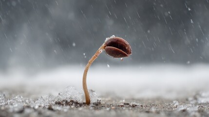 Tiny sprout in snowy ground, rain falling