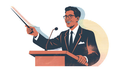 Man Giving Presentation at Podium in Black Suit with Beige Background Illustration of a Speaker in a Corporate Setting Delivering a Speech