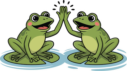 Two cheerful frogs high-fiving each other with happy expression in the pond. Transparent png vector