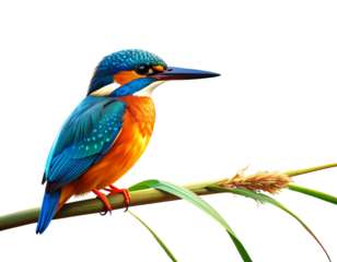 Colorful kingfisher perched on curved reed with sunlit feather highlights – realistic PNG