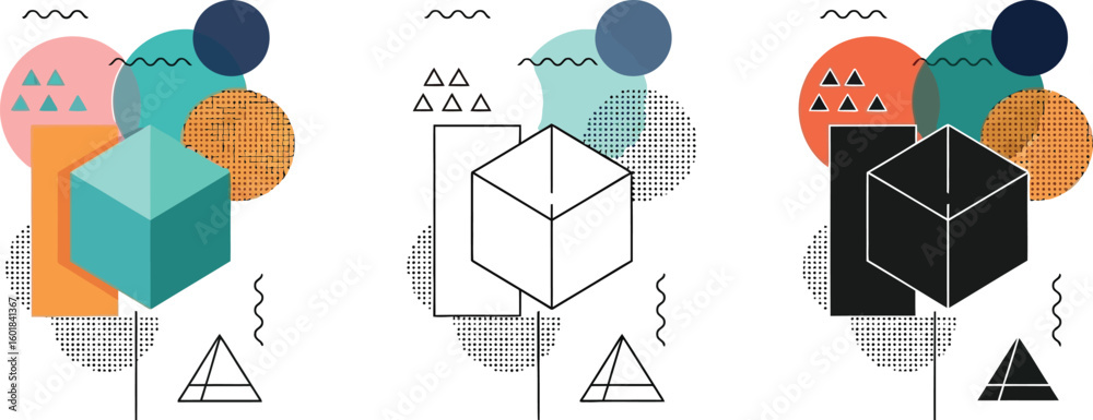 Poster abstract geometric design with cube shapes and colorful circles modern art background vector illustr