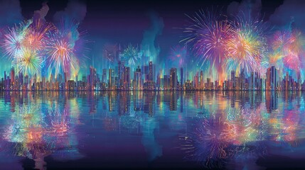 City skyline at night with vibrant fireworks reflection
