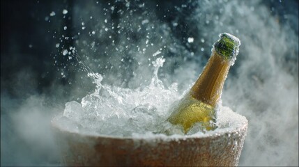 Champagne bottle in ice bath, splash