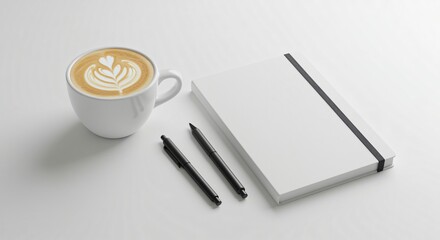 Cappuccino Notebook Pens Mockup Stylish Workspace Coffee Break Flatlay