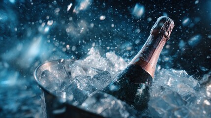 Sparkling champagne bottle in ice bucket