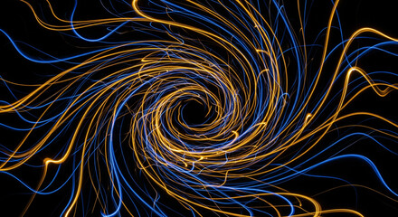 Abstract vortex background with glowing lines in blue and gold for wallpaper and design projects ideas