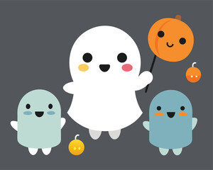 Obraz premium Vector art of three cute cartoon ghosts and a pumpkin on a dark background for halloween