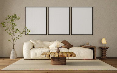 Elegant Living Room Interior with Vertical Framed Canvas Above Modern Cream Sofa