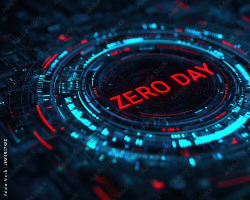 Poster zero day displayed in red on a futuristic digital interface, surrounded by glowing blue and red circ