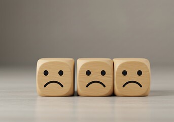 Three Wooden Cubes with Sad Emojis Representing Negative Feedback