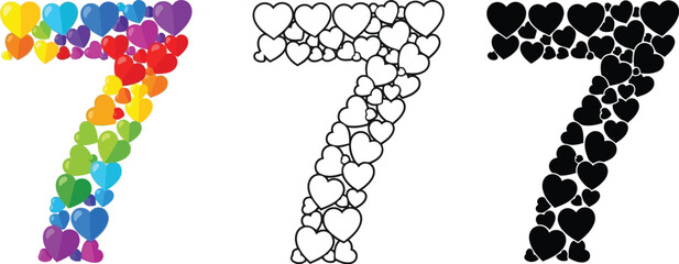Number seven heart shape vector illustration colorful outline black and white design for birthday anniversary
