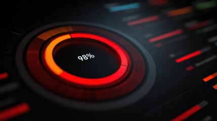 Naklejka premium A high-tech digital progress ring displays 98%, surrounded by red and orange futuristic interface elements on a dark background.