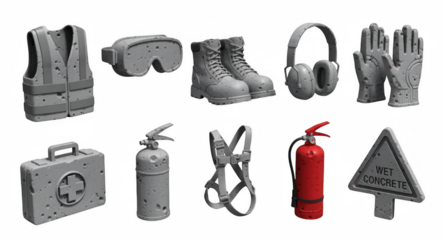 Essential construction safety gear for site compliance and worker protection featuring a red fire extinguisher, for promotional materials and training guides