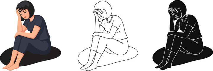 Illustration of sad woman sitting alone feeling depressed and anxious mental health awareness concept art