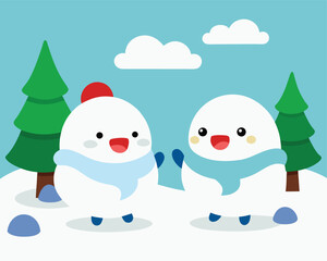 Obraz premium Vector art of two cute snowmen with scarves and hats in a snowy forest during winter