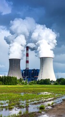 Power plant, cloudy sky, wetlands