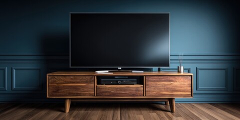 Fototapeta na wymiar Dark teal wall room with a flat screen television and wooden entertainment center.