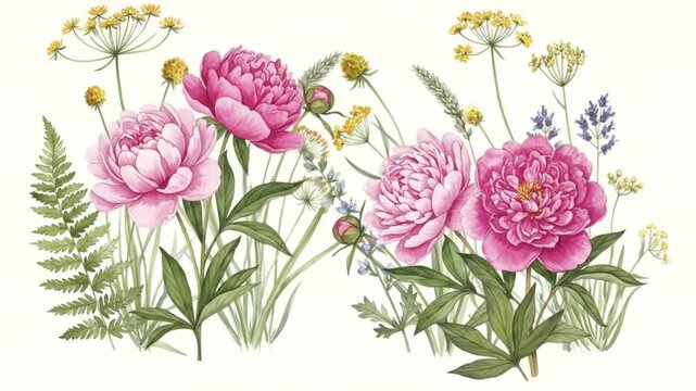 Watercolor style floral arrangement of pink peonies ferns and various wildflowers