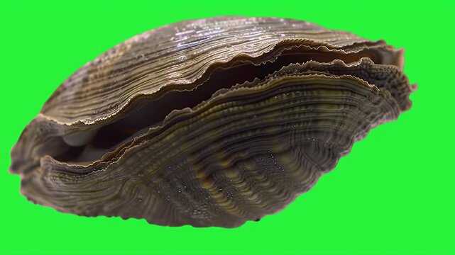 Textured bivalve mollusk shell partially open on vibrant green screen background, ideal for cutout and compositing.