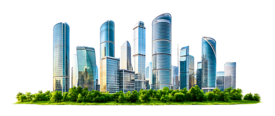 Modern futuristic cityscape with tall skyscrapers and lush greenery isolated on transparent background