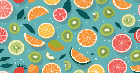 Fototapeta premium Fresh citrus and kiwi fruit seamless pattern. A colorful vector illustration of summer fruits for a healthy diet concept.