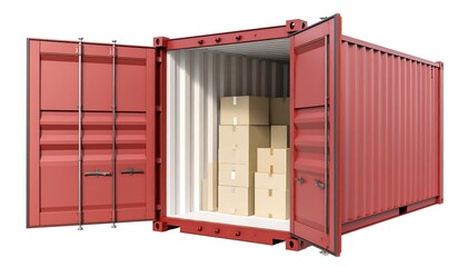 Red shipping container open, filled with boxes