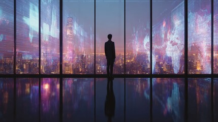 Fototapeta premium a silhouette of a person is standing in front of large windows. The person is looking out at a vibrant cityscape at dusk. Reflection of the city's lights on the floor