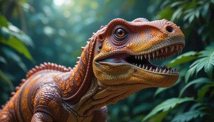 Close up of a dinosaur with sharp teeth in a jungle environment with dense green vegetation around it