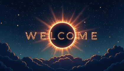 A celestial scene featuring the word "WELCOME" against a solar eclipse backdrop.