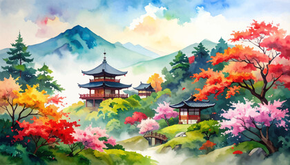 Fototapeta premium Beautiful Japanese garden with autumn foliage. Vibrant park with spring flowers and a bridge. Tranquil landscape with a Japanese pagoda by a river. Peaceful garden with colorful trees and scenic view
