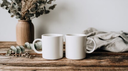 Mockup of two 11oz white coffee mugs on rustic wood tabletop