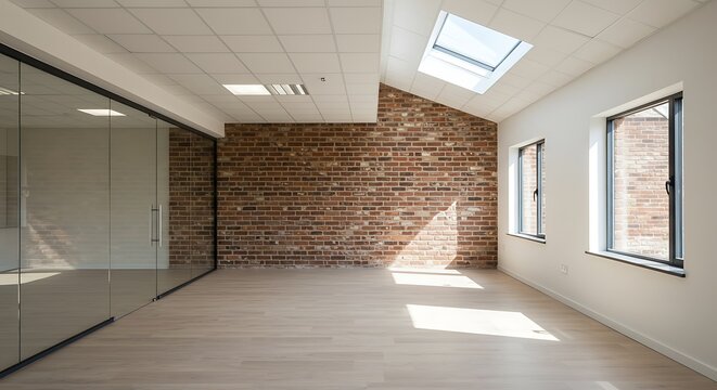 An interior of an empty office with windows a skylight and a facebrick feature wall in the daylight