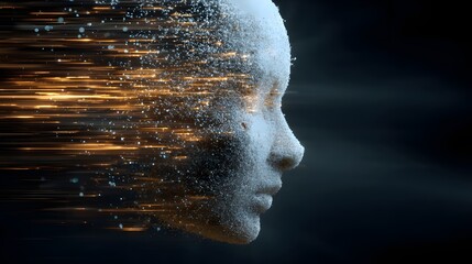 Abstract digital human face with glowing data streams represents AI technology