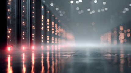 Modern data center with glowing server racks and atmospheric lighting creating a futuristic digital environment