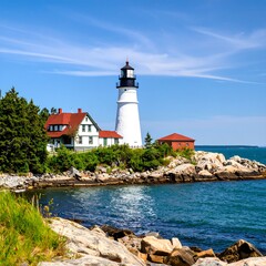 Coastal lighthouse scene with calm water and shoreline
