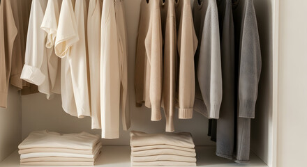 Clothes Hang Neatly in Closet with Folded Shirts and Sweaters in Neutral Tones