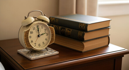 Naklejka premium Vintage Alarm Clock Sits Beside Stack of Books on Wooden Table in Natural Light