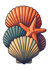 Pixel Art of Orange Starfish and Variety of Seashells on Transparent Background Featuring Nostalgic and Vintage Design