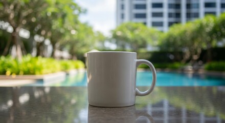 Serene Poolside Relaxation White Coffee Mug by Sparkling Swimming Pool