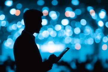 Silhouetted Man Using Tablet with Blue Bokeh Background, motion blur Business concept, motion bokeh background