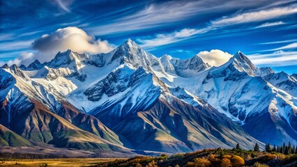 Sunset illuminates the snow-capped mountain peaks, a breathtaking winter alpine landscape under a vast sky