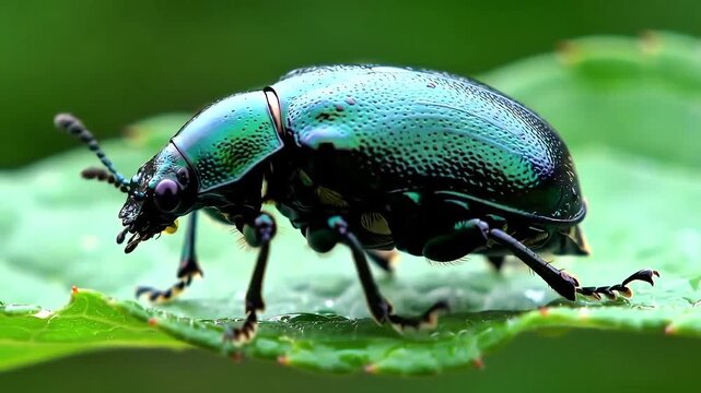 Jewel Beetle Crawling on Green Leaf Close-Up