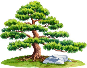 Realistic depiction of a Bonsai tree with rocks. Bonsai tree in watercolor painting style. Serene Bonsai tree on a decorative base. Beautiful Bonsai tree with twisted trunk. Unique Bonsai tree growing