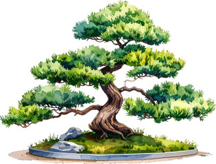 Elegant Bonsai tree growing in a circular base. Traditional Bonsai in a tranquil environment. Artistic Bonsai with intricate branches and foliage. Lush green Bonsai tree with vibrant leaves and roots