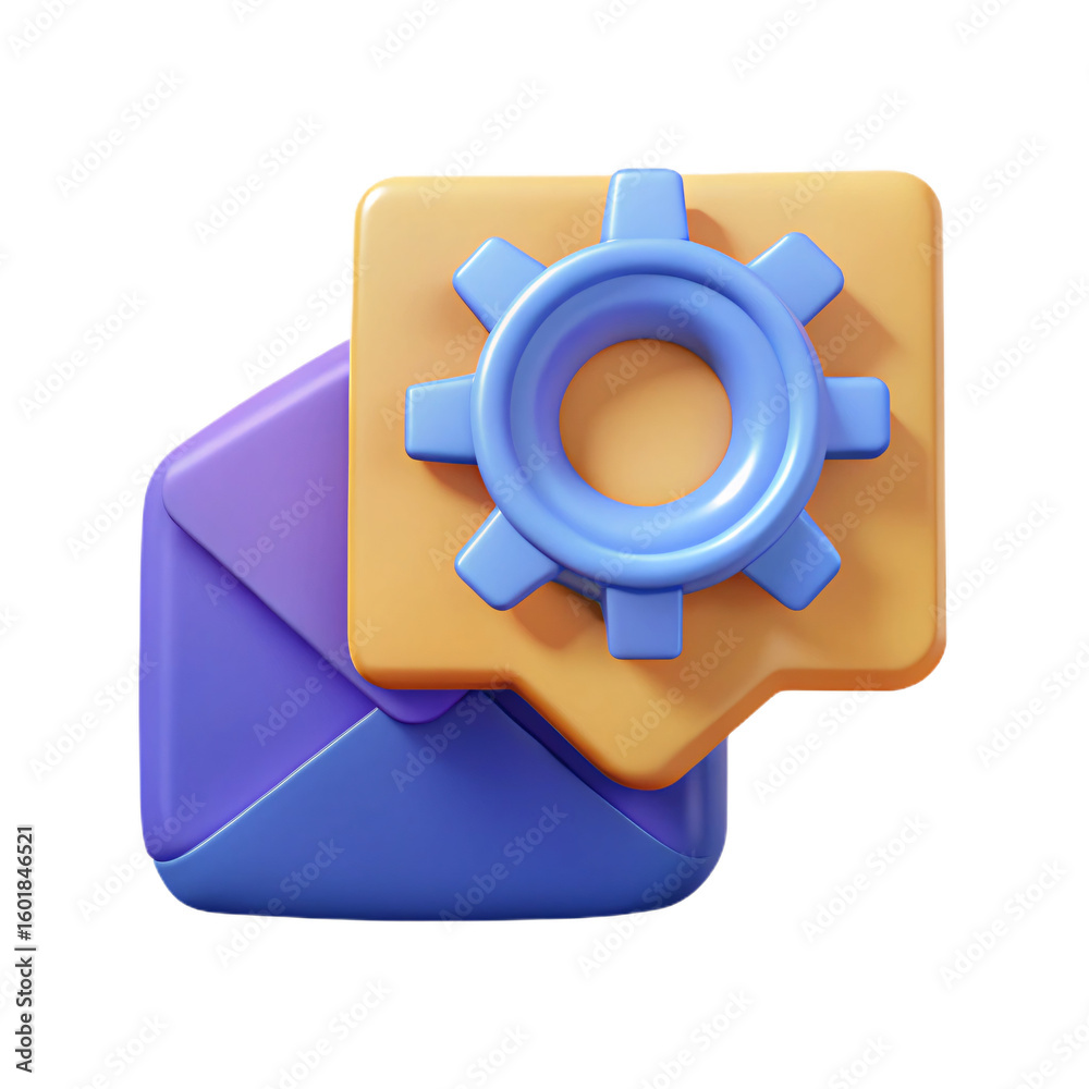 Poster 3d rendered email settings icon with gear on speech bubble and envelope on transparent background fo